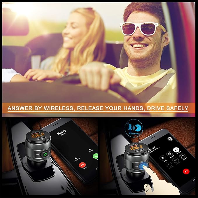Bluetooth 5.3 FM Transmitter for Car, 3.0 Wireless Bluetooth FM Radio Adapter Music Player FM Transmitter/Car Kit with Hands-Free Calling and 2 USB Ports Charger Support USB Drive