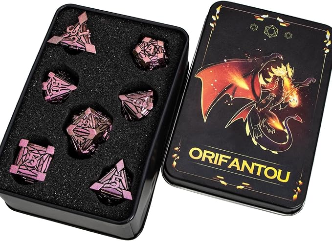 7PCS Metal DND Dice Set with Box, Debris RPG Purple Red D and D Dice for use with D&D Tabletop Games Role Playing Game Polyhedral Dice Set D20 D12 D10 D8 D6 D4