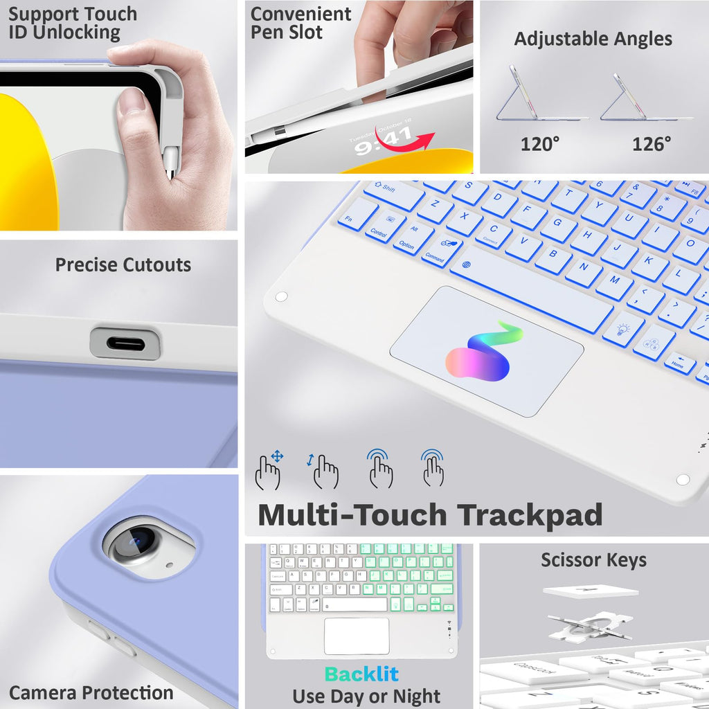 MoKo Touch Keyboard Case for iPad (A16) 11th/10th Gen, Lavanda