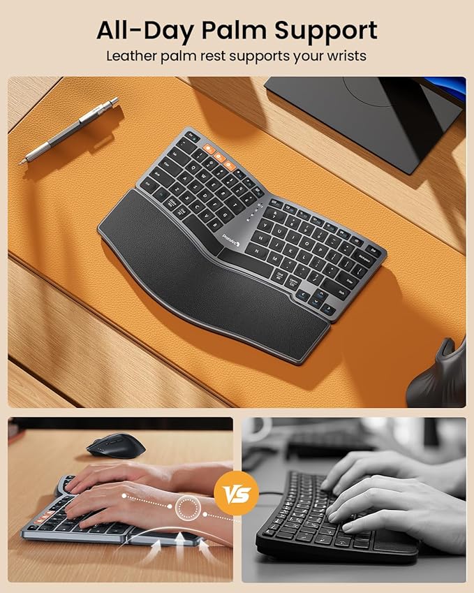 ProtoArc Bluetooth Ergonomic Keyboard, EK04 Mini Compact Wireless Ergo Split Keyboard, 80 Keys, Bluetooth and USB, Palm Rest, Natural Typing, Rechargeable, Compatible with Windows/Mac/Android