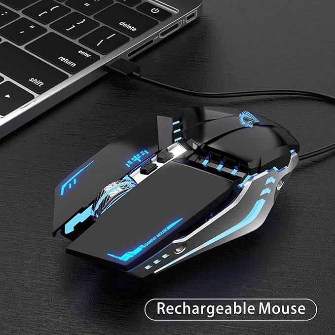 TENMOS T12 Wireless Gaming Mouse Rechargeable, 2.4G Silent Optical Wireless Computer Mice with Changeable LED Light for Laptop PC, 7 Buttons (Black)