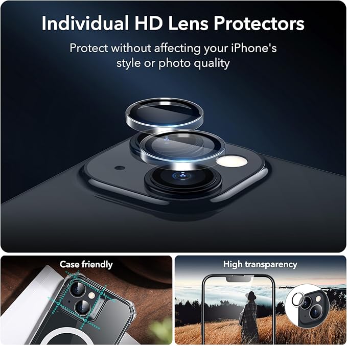 ESR for iPhone 14 Screen Protector Set, 3 Tempered-Glass Screen Protectors and 1 Set of Camera Lens Protectors, Smooth Rounded Edges, Full-Coverage Military-Grade Protection, Scratch Resistant