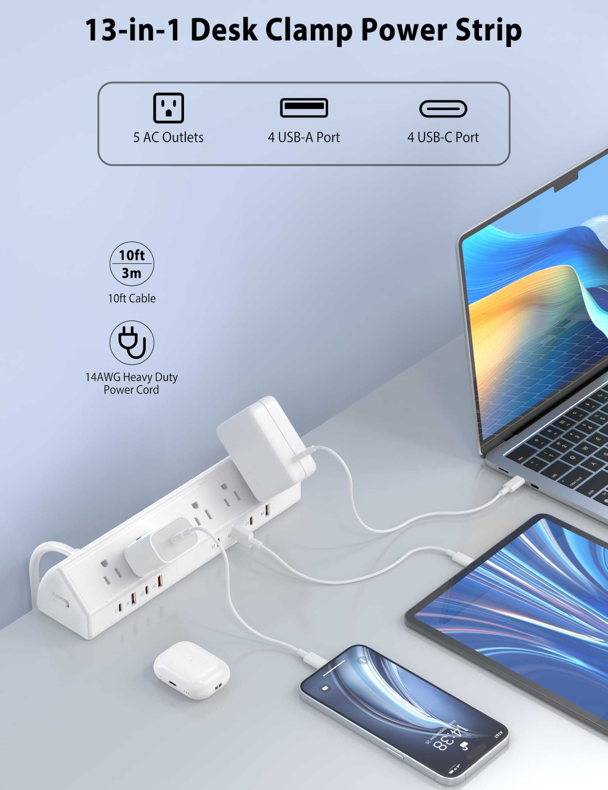 Jgstkcity Desk Clamp Power Strip USB C 65W,8 USB,10FT Cable,White