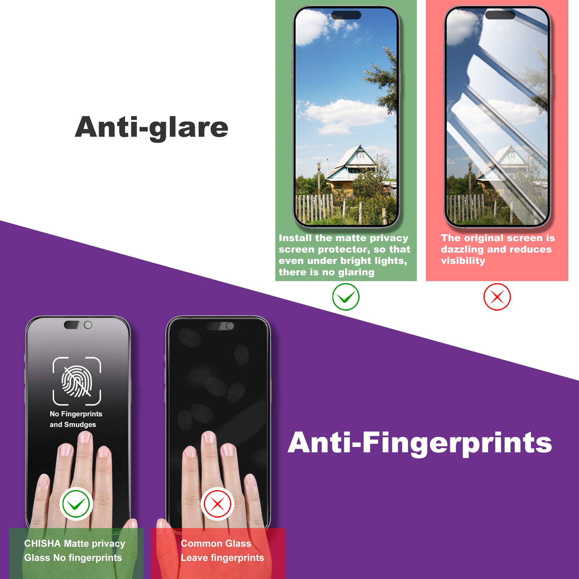 CHRYSHA 2-Pack Matte Privacy Screen Protector for iPhone 15 Pro Max 6.7-Inch, Auto Dust Removal, No Bubbles,Anti-Spy Tempered Glass Film, Easy Installation