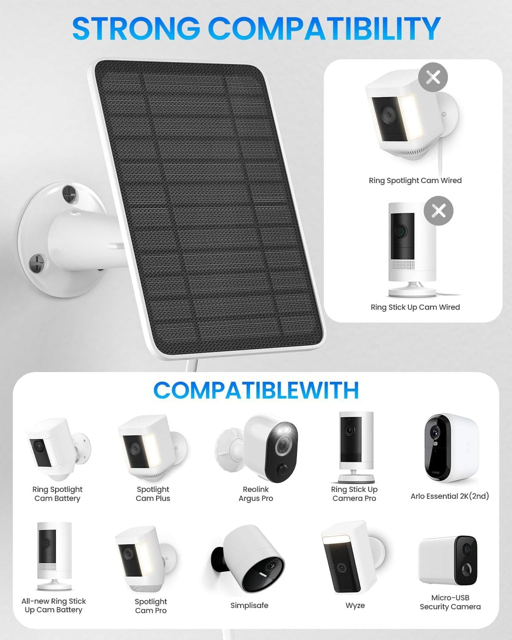 5W Solar Panel for Ring Camera, Solar Panel Charger Compatible with Ring Spotlight Plus/Pro Stick Up Outdoor Cam Battery, 10ft Cable with USB-C to Barrel Plug Adapter & Micro-USB Adapter, 2 Pack