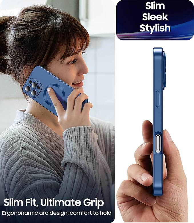 Magnetic for iPhone 16 Pro Max Case [Compatible with MagSafe][Built-in Camera Lens Protector] Slim Soft Silicone Bumper Shockproof Metallic Luster Phone Case (Blue)