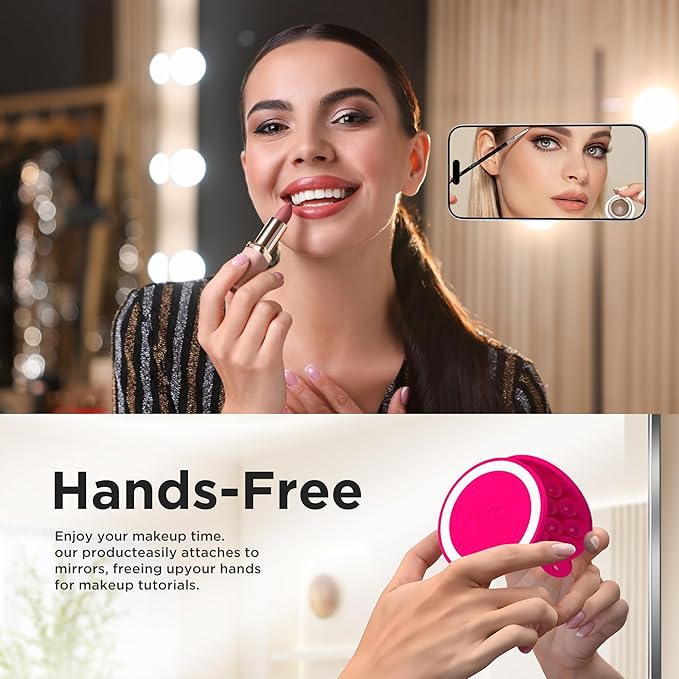 Magnetic Suction Cup Phone Mount for MagSafe Case, Silicone Hands-Free Grip Holder for iPhone and Android, Mirror Shower Phone Stand for Makeup FaceTime Gym Kitchen Bathroom, Neon Pink
