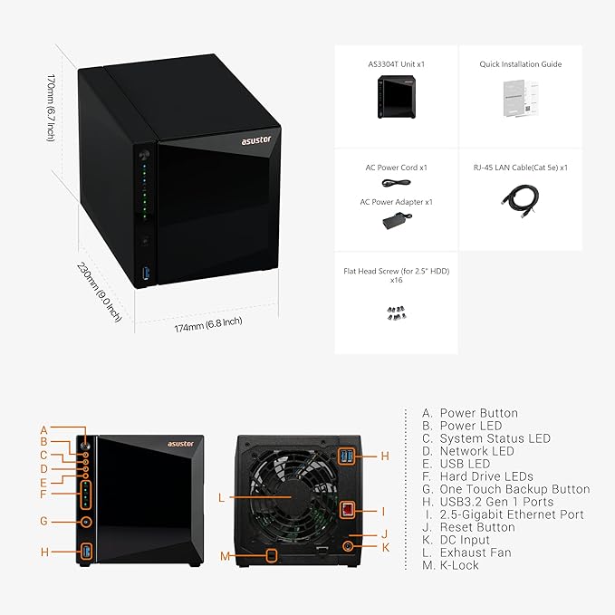 Asustor Drivestor 4 Pro Gen2 AS3304T v2, 4 Bay NAS, 1.7GHz Quad-Core, 2.5GbE Port, 2GB RAM DDR4, Best Value for Home Media Server, Network Attached Storage(Diskless)