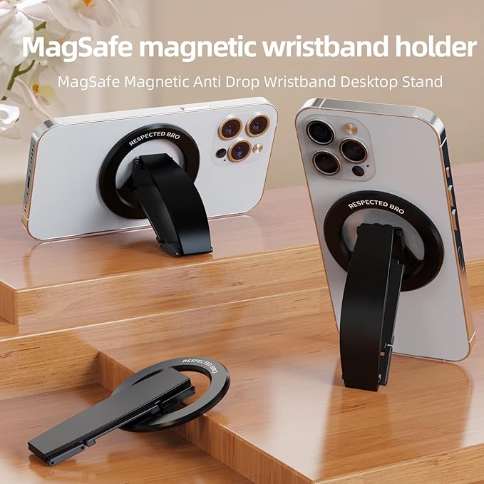 Magnetic-Phone-Grip-Stand, Magnetic Phone Ring Holder Kickstand with Silicone Finger Strap, Compatibility for iPhones, Androids, and More (Black)
