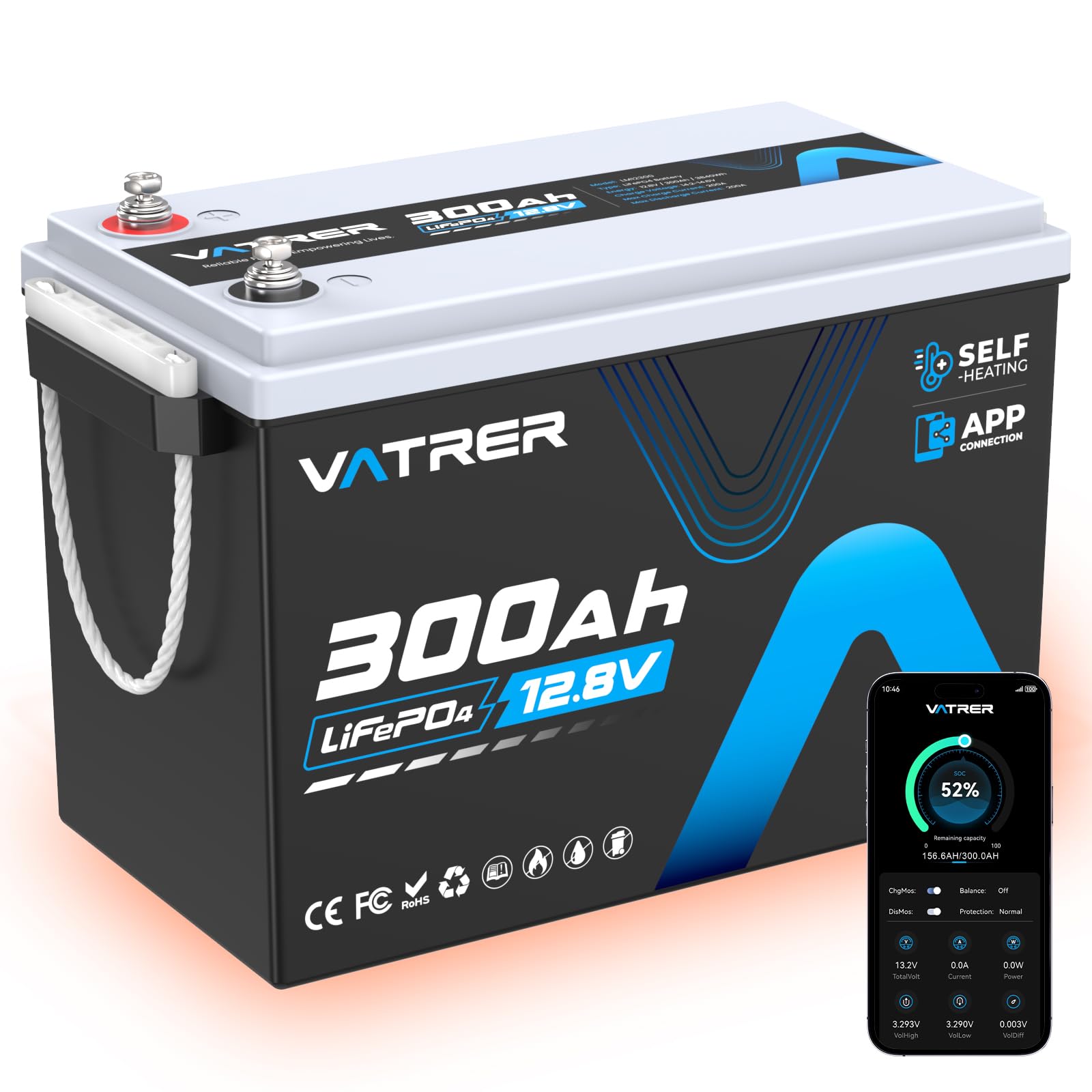 12V 300AH LiFePO4 Lithium Battery with Self-Heating&APP Monitoring, Built-in 200A BMS, Support Low Temp Charging(-4°F),5000+ Cycles, Max 2560W Power, Perfect for RV/Camper, Off-Grid Applications, etc.
