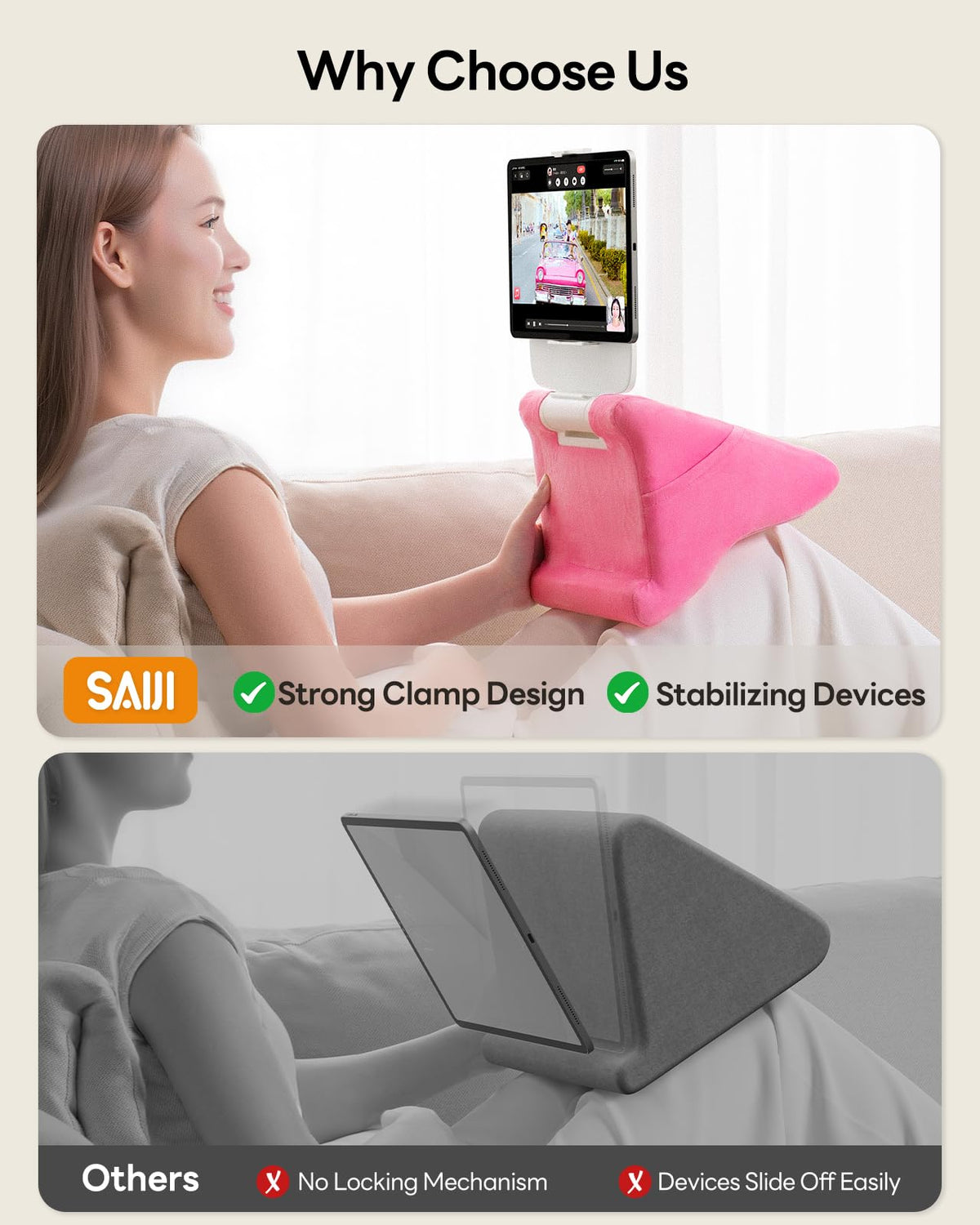 SAIJI Tablet Pillow Stand - iPad mini Kindle Holder for Lap in Bed, with Lifter & Angle Adjustable Multi-Function Clip for 4-13" Tablets, Pink