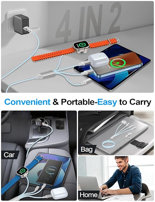 2 Pack Charging Cable for Apple Watch Charger/Samsung/iPhone Charger,Car/Office/Camping/Travel Essentials,Type C Cable Cord for iWatch Ultra/10-2/iPhone 16-11/Samsung S25-S20,iPad,airPods-Blue
