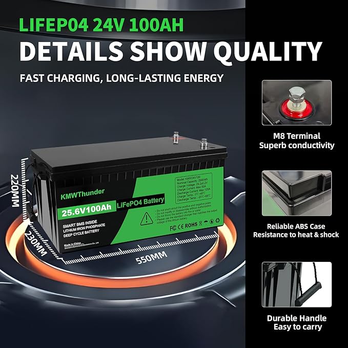24V 100Ah LiFePO4 Lithium Battery, Built-in Smart BMS,Low-Temp Protection Up to Group 31 Deep Cycle Battery for Trolling Motor, RV, Solar, Marine, Camping and Off Grid Applications
