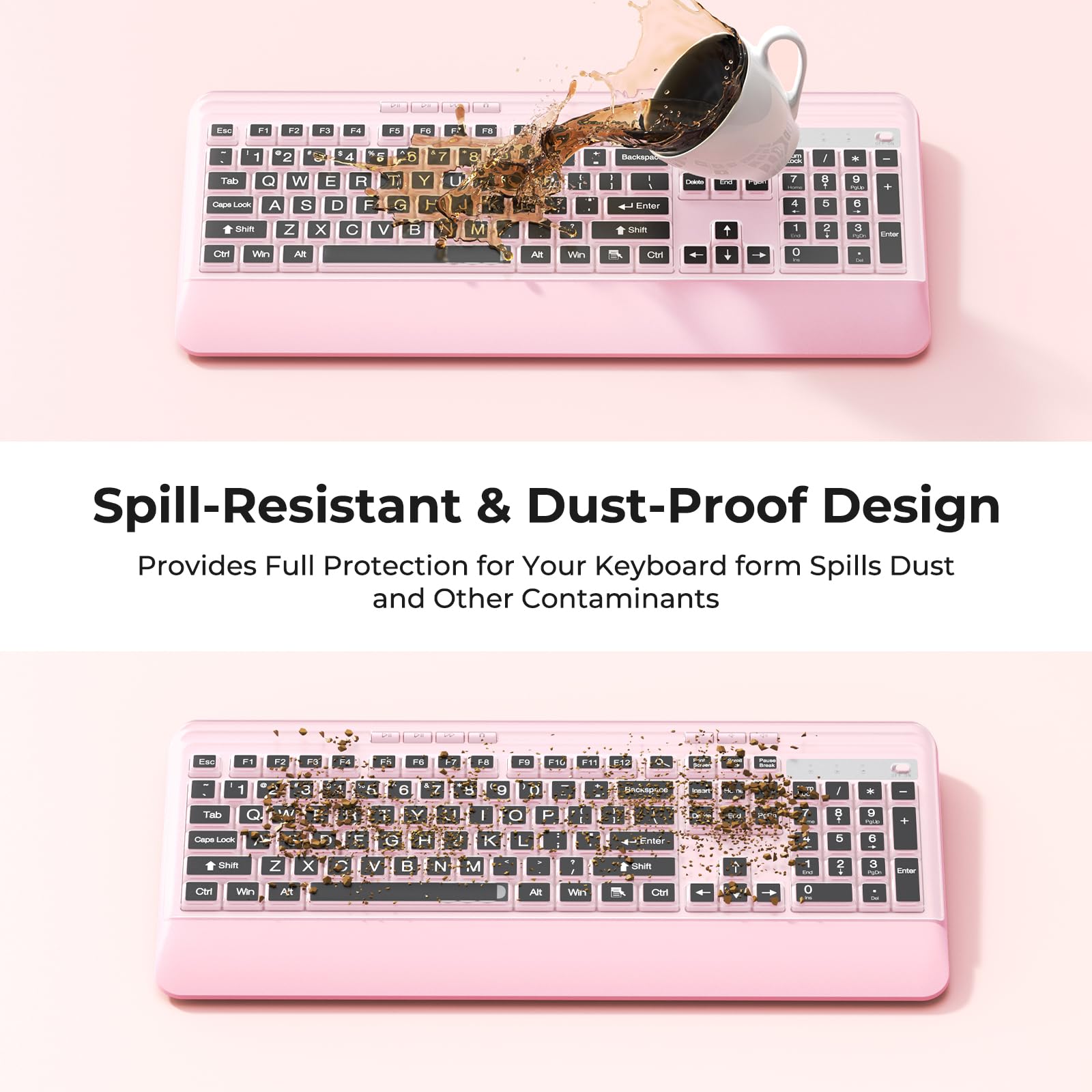 KOPJIPPOM Wireless Keyboard and Mouse Set with Quiet Keys, 2.4G Full Size Ergonomic Keyboard with Wrist Rest, Protective Covers, Soft Touch Silent Design for Windows, Computer, PC and Laptop