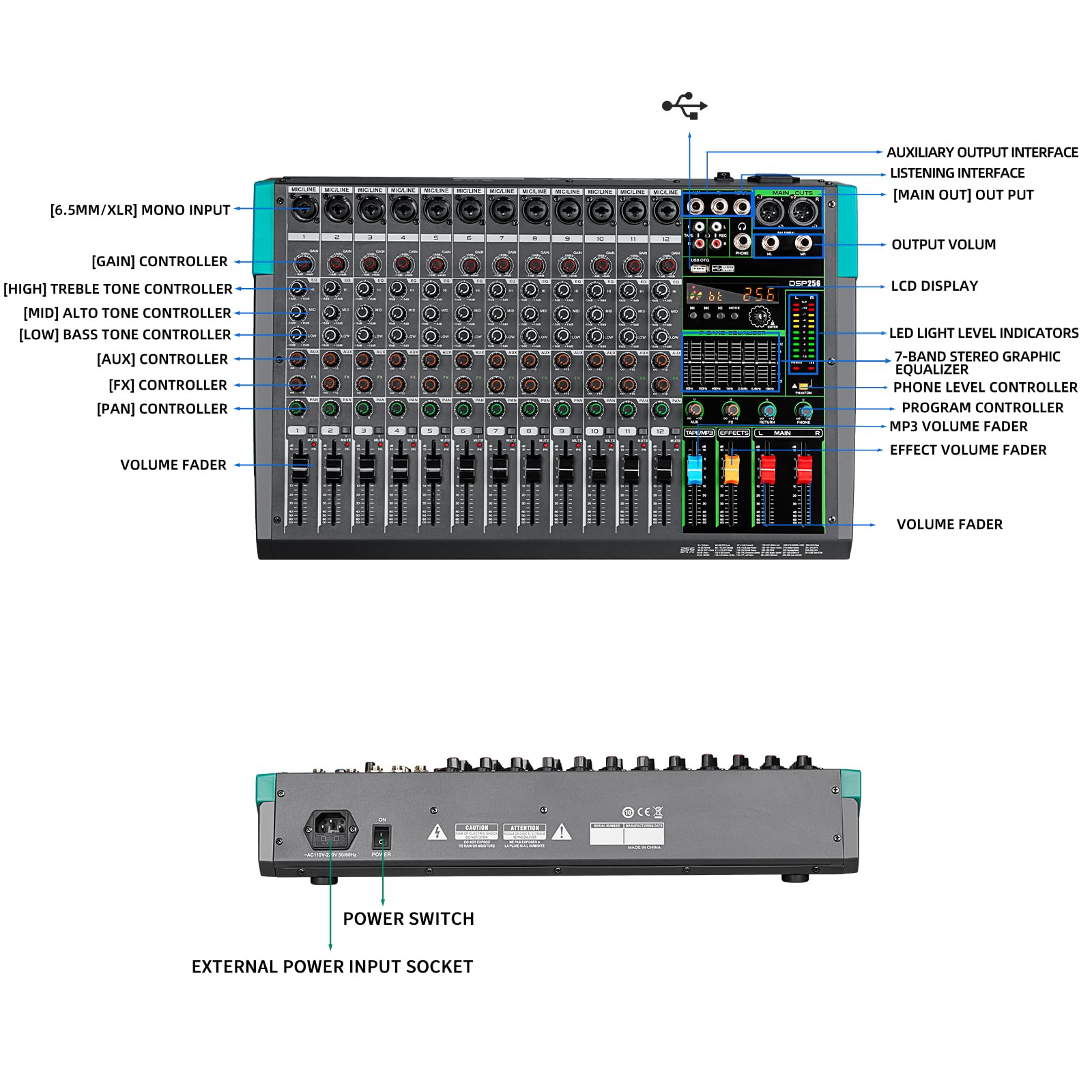 Depusheng PA12 Professional Audio Mixer Sound Board Console Desk System Interface 12 Channel Digital USB Bluetooth MP3 Computer Input 48V Phantom Power Built-in 256 Reverb Effect, Black