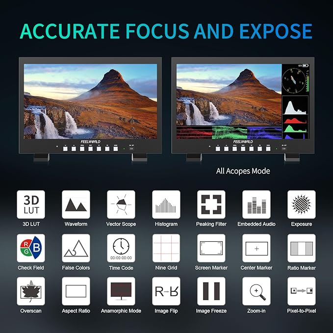 FEELWORLD FVM215 21.5 Inch 1000nit High Bright Production Broadcast Studio Monitor with Waveform LUT 8 Bit Color Depth 4K60Hz HDMI 3G-SDI in and Out