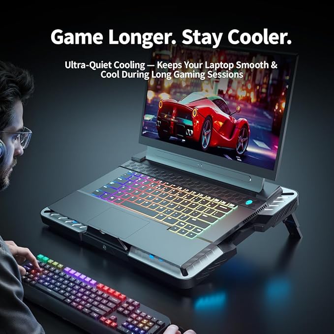 IMMOENUC Laptop Cooling Pad with 5 Fans & Peltier Device Ultra-Quiet Semiconductor Panel Cooler Stand, Adjustable Speed + Stand for 13-19 Inch Laptops (MacBook/Dell/HP) Fast Cooling Notebook