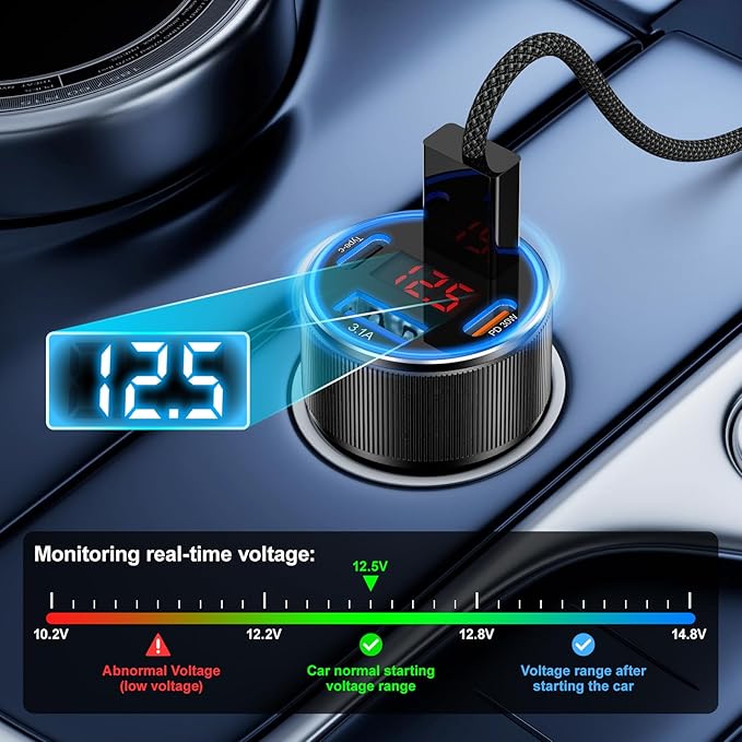 Car Phone Charger, Besgoods USB C Car Charger Adapter 4 Ports with Voltmeter PD&QC Fast Charging Cigarette Lighter USB Charger for iPhone 16 15 14 13 12 Galaxy S24 S23 A54 A15 Dash Cam Car Acc, 2Pack