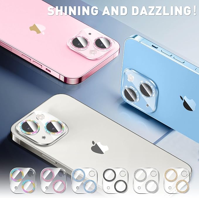 LucBuy 3PCS Sparkling Camera Lens Protector for iPhone 12/iPhone 12 Mini, Full Clear Acrylic Cover with Shiny Colorful Glitter Designed Decoration Back Camera Protector