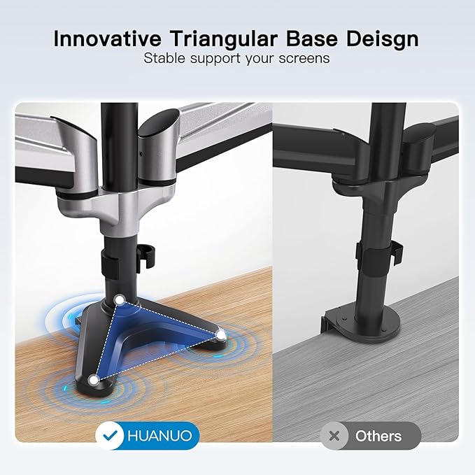 HUANUO Triple Monitor Stand - Full Motion Articulating Gas Spring Monitor Mount Fit Three 17 to 32 inch Flat/Curved LCD Computer Screens with Clamp, Grommet Kit, Silver