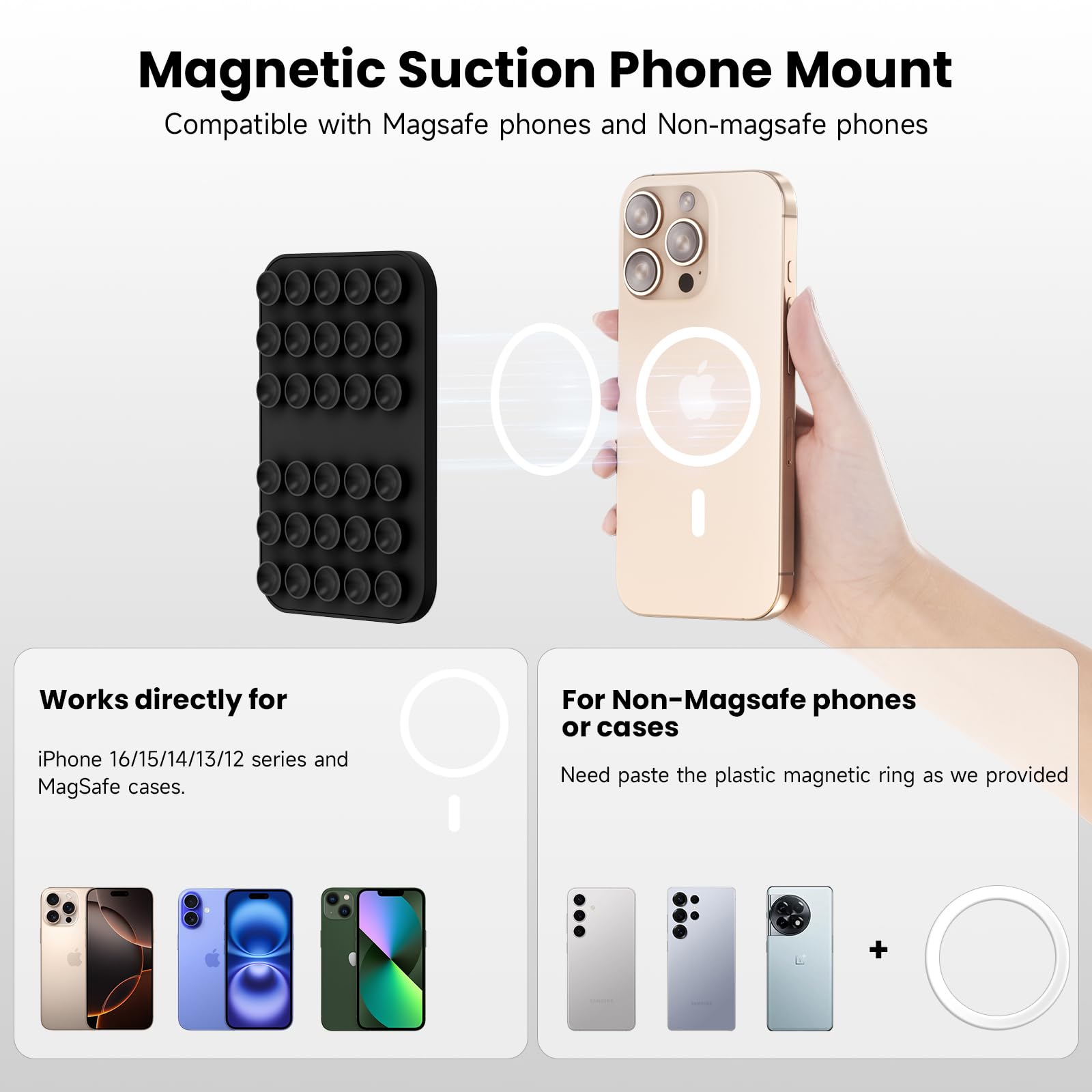Patented Magnetic Sticky Phone Suction Grip Mount for MagSafe Case,Magnet Silicone Portable Stand Holder for iPhone 16/15/14/13/12 Series and Android, Hands-Free Selfies and Videos