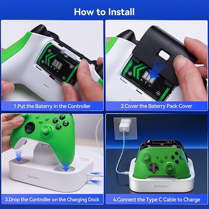 NEWDERY Controller Charger Station for Xbox, 2x5280mWh Rechargeable Battery Packs for Xbox One/Series X|S Controller, Dual Charging Dock for Xbox Controller with 4 Battery Covers-White