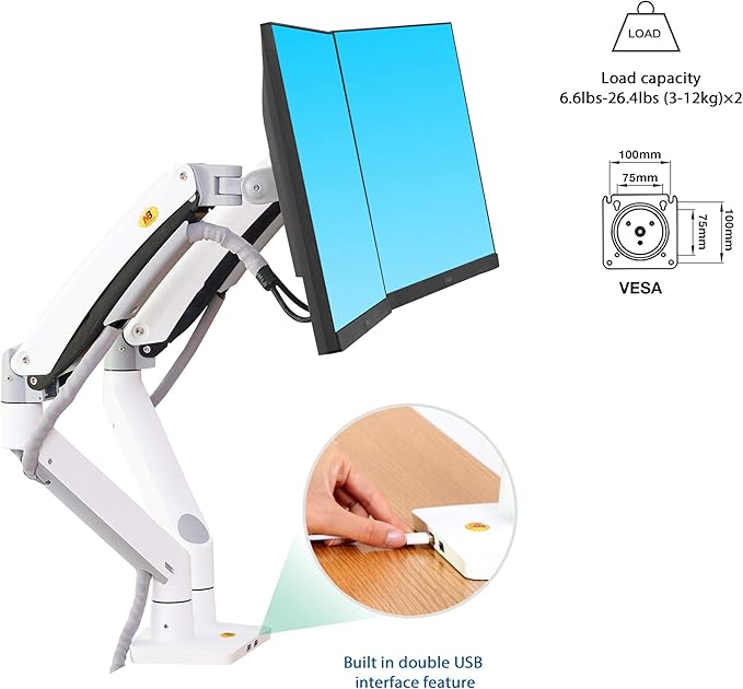 NB North Bayou Dual Monitor Desk Mount Stand Full Motion Swivel Computer Monitor Arm Fits 2 Screens up to 32'' with Load Capacity 6.6~26.4lbs for Each Monitor G75-W