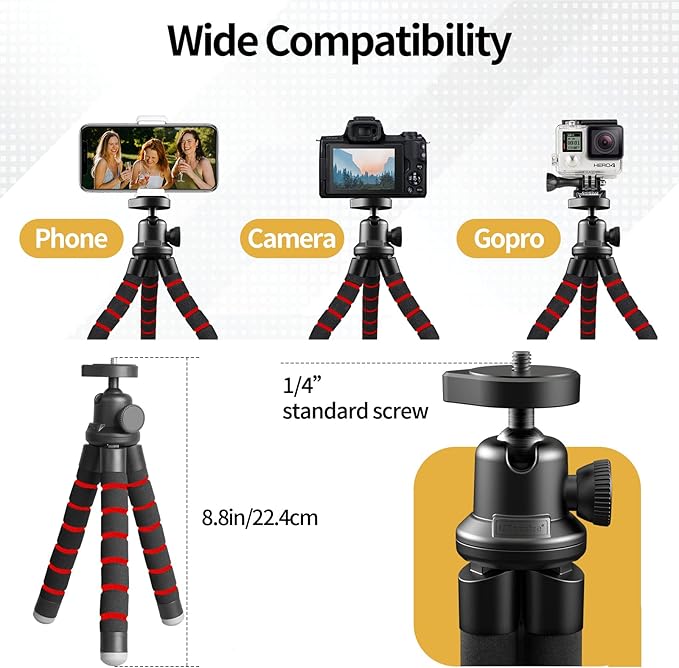 Sensyne Phone Tripod, Flexible Cell Phone Tripod with Phone Holder and Wireless Remote, Mini Travel Tripod Stand, Compatible with All Cell Phones, Cameras (Red)