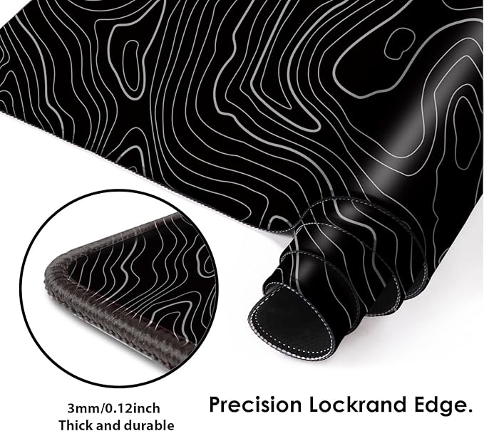 Gaming Mouse Mat Forest Background Pattern XXL XL Large Mouse Mat Long Extended Mouse Pad Desk Mat Non-Slip Rubber Mice Pads Stitched Edges Thin Pad (Topographic Map Balck)