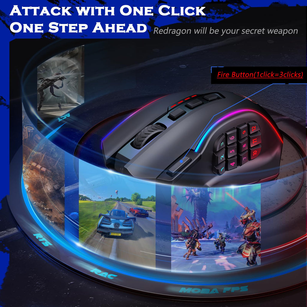 Redragon Gaming Mouse, MMO Mouse Gaming UP 12400 DPI, 19 Macro Programmable Buttons, RGB Mouse with 12 Side Buttons, 8 * 2.4g Weight Tuning for PC Laptop MOBA FPS, M901K, Black
