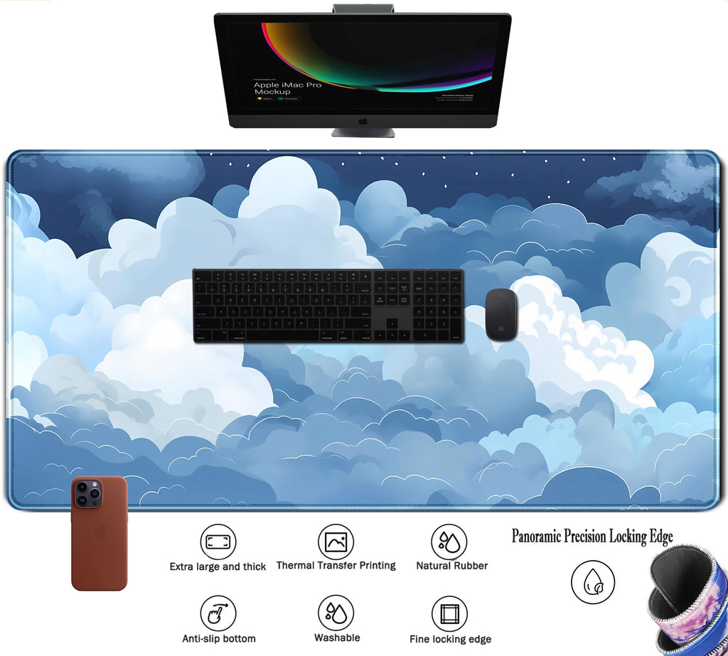 Aesthetic Blue and White Puffy Clouds Desk Mat, XXL Large Kawaii Blue Extended Gaming Mouse Pad with Stitched Edges, Cute Big Laptop Keyboard and Mouse Mat for Women Office Decor Mat 31.5x15.7 in