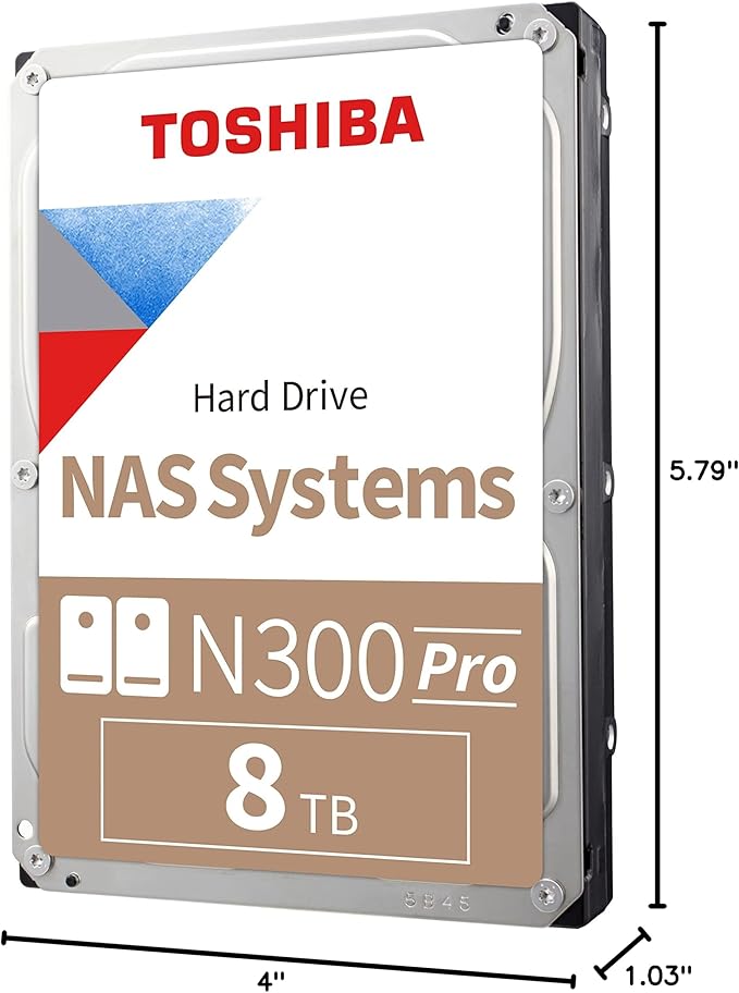 Toshiba N300 PRO 8TB Large-Sized Business NAS (up to 24 Bays) 3.5-Inch Internal Hard Drive - Up to 300 TB/Year Workload Rate CMR SATA 6 GB/s 7200 RPM 512 MB Cache - HDWG780XZSTB