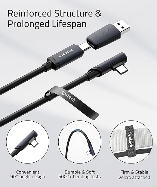 Syntech Link Cable 20FT Compatible with Oculus/Meta Quest 3/Quest 3S/Quest2/Pro/Pico 4 and PC/SteamVR, Upgraded Type C with USB 3.0 Adapter, High Speed Data Transfer Cord for VR Headset, Black