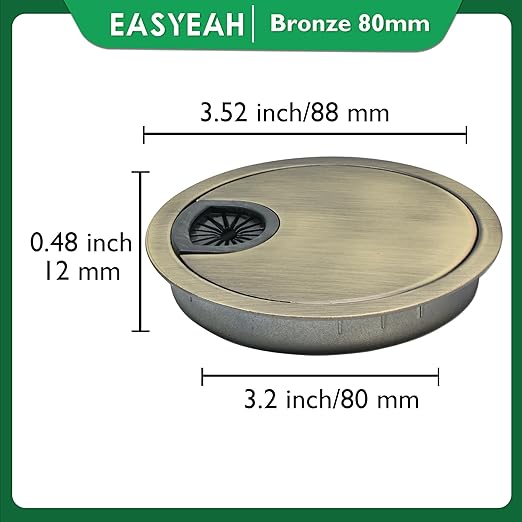 1 Pcs Desk Grommet 3-1/8" / 80 mm, Desk Cord Hole Cover, Cable Grommet Metal Zinc Alloy Materilal, Desk Hole Grommet for Home & Office Pc, Detachable Cable Cord Organizer-Bronze