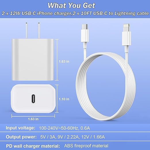 iPhone Fast Charger, [Apple MFi Certified] 2 Pack PD USB C Wall Charger Block Plug with 10FT Extra Long Type C to Lightning Fast Charging Data Sync Cable for iPhone 14 13 12 11 XR X 8 iPad and More