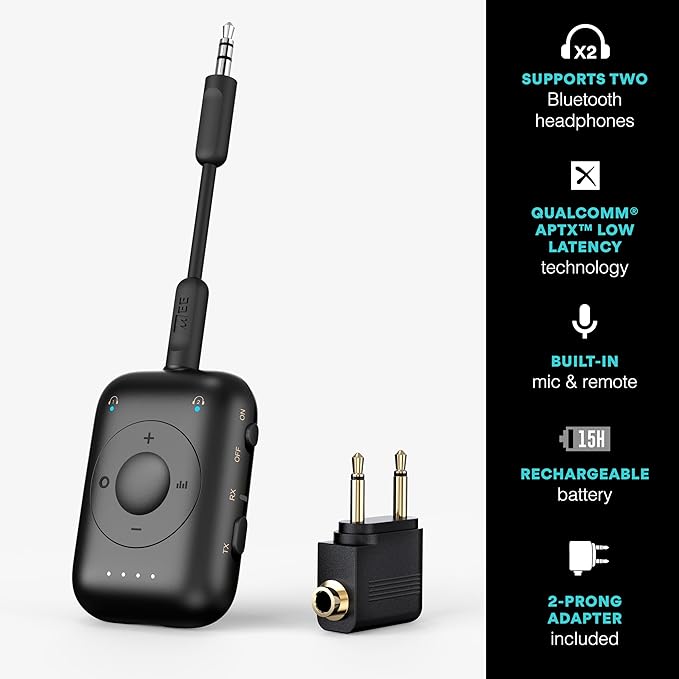 MEE audio Connect Air Pro Bluetooth Wireless Audio Transmitter & Receiver for AirPods or Bluetooth Headphones, 2-in-1 Adapter with Detachable Cable 3.5mm Aux Audio Jack for Airplanes, Auto, Gym, Black
