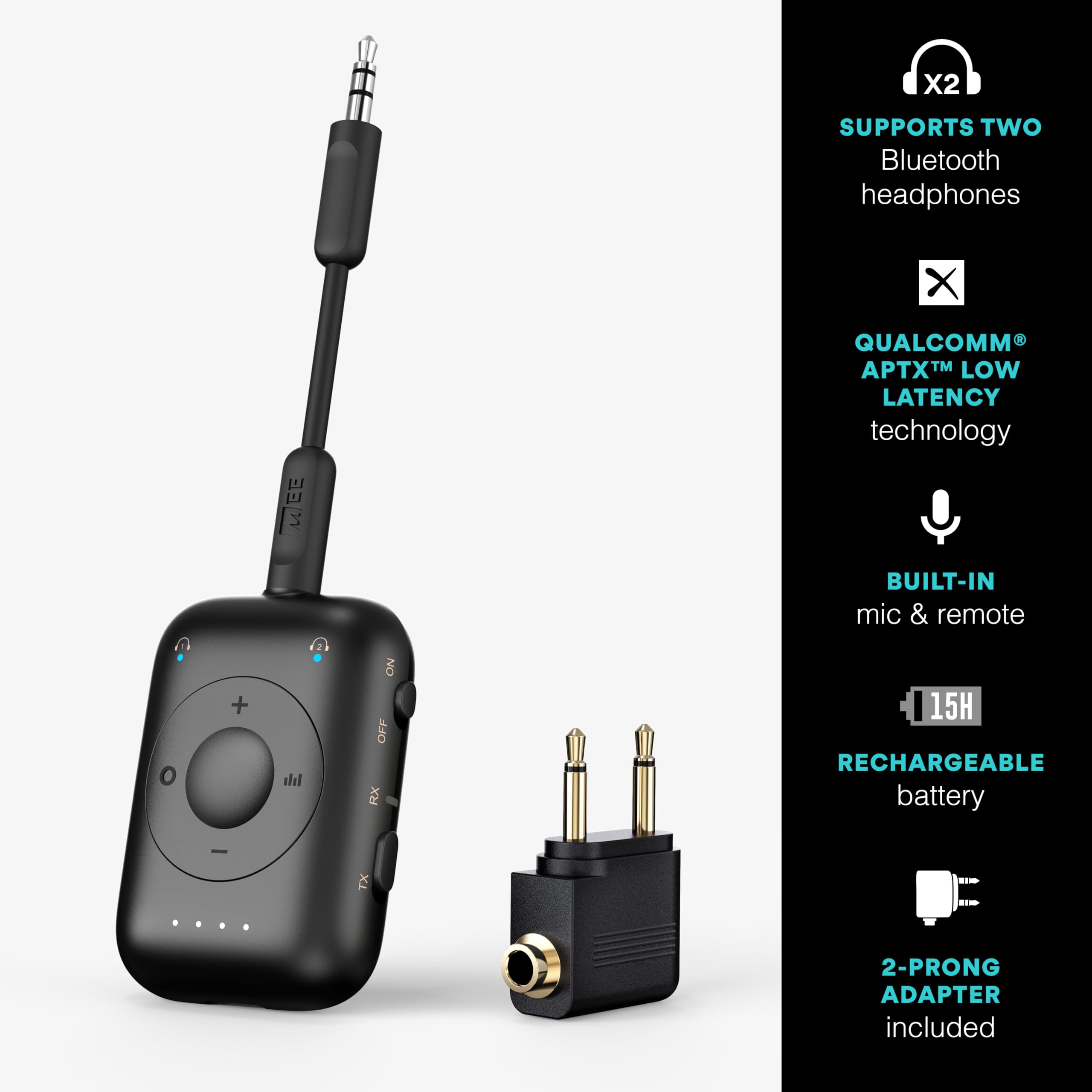 MEE audio Connect Air Pro (2 PACK) Bluetooth Wireless Audio Transmitter & Receiver for AirPods or Bluetooth Headphones, 2-in-1 Adapter with Detachable Cable for 3.5mm devices on Airplanes, Black&White