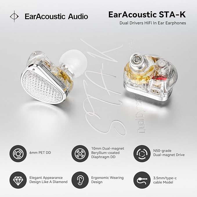 STA-K In Ear Monitor, EarAcoustic Audio HiFi Stereo Wired Earbuds,Hybrid Dual Drivers IEM Headphones,Crystal Clear Sound IEM Earphones with 2 Pin Detachable Cable for Musicians(NO Microphone,Silver)