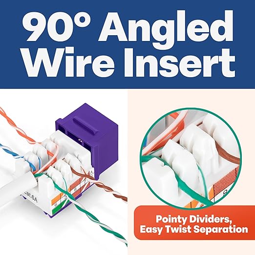 Everest 90° Angled RJ45 Cat6A Keystone Jacks 20-Pack in Purple - Slim Profile Female RJ45 Connectors - Cat 6A Keystone Jack - Compatible with 90° Angled Speed Termination Tool - easyJACK (B094WB91H3)