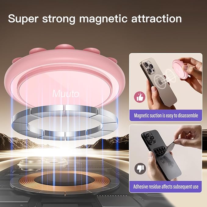 Muuto Magnetic Sticky Phone Grip,for MagSafe Case Silicone Phone Grip, Removable Hands-Free Psuction Phone Mount,for Content Creators/TikTok Video/Makeup,Selfies and Live,Pink