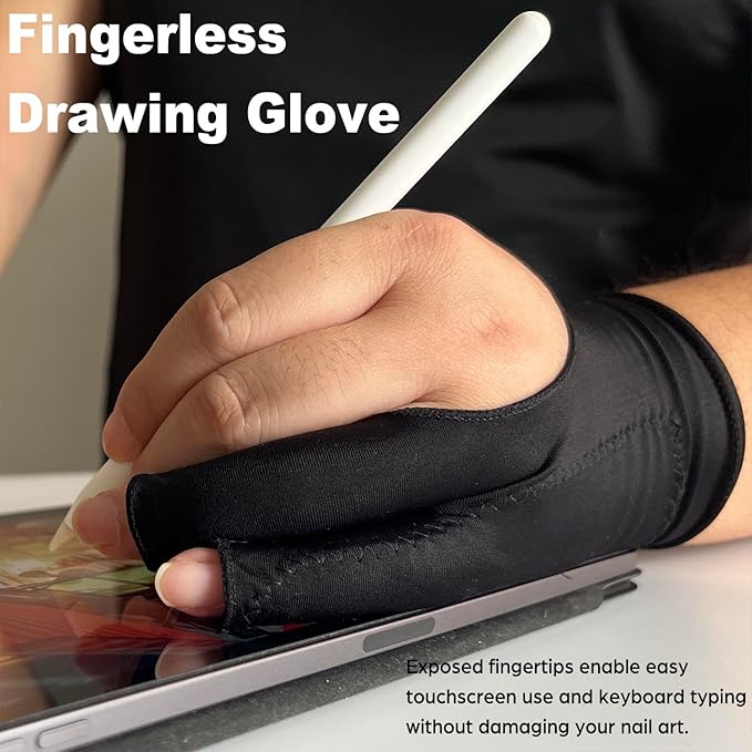 Drawing Glove, Artist Glove for Drawing Tablet, iPad, Digital Art Creation - Palm Rejection, Exposed Fingertip, Suitable for Left and Right Hand - L, Pack of 2
