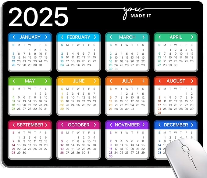 Hokafenle Mouse Pad, Black 2025 Calendar Mouse Pad, Premium-Textured Square Waterproof Mouse Mat Non-Slip Rubber Base MousePads for Office Laptop Home