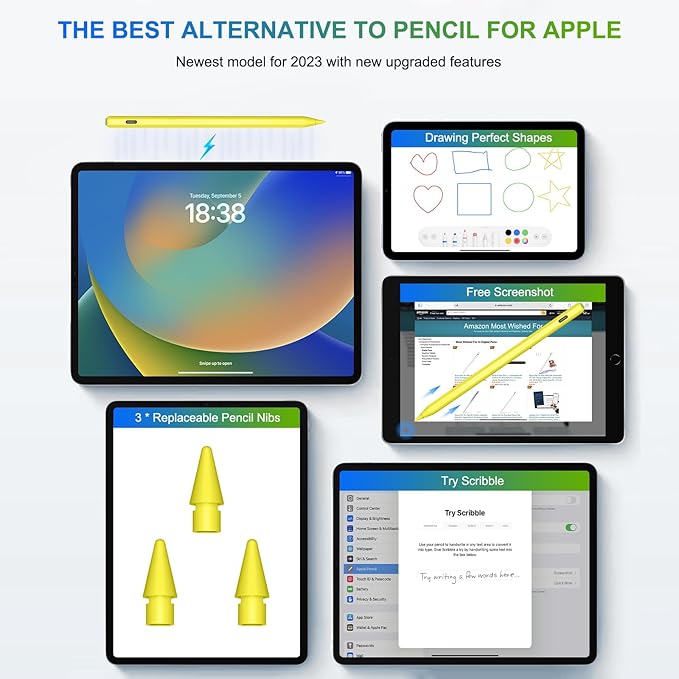 Pencil 2nd Generation Wireless Charging, HATOKU Pencil for iPad with Tilt & Palm Rejection, Magnetic Stylus Pen for ipad Air M3/3/4/5, iPad mini 5/6, ipad 6/7/8/9/10/11 Gen, ipad Pro 11/12.9 (Yellow)