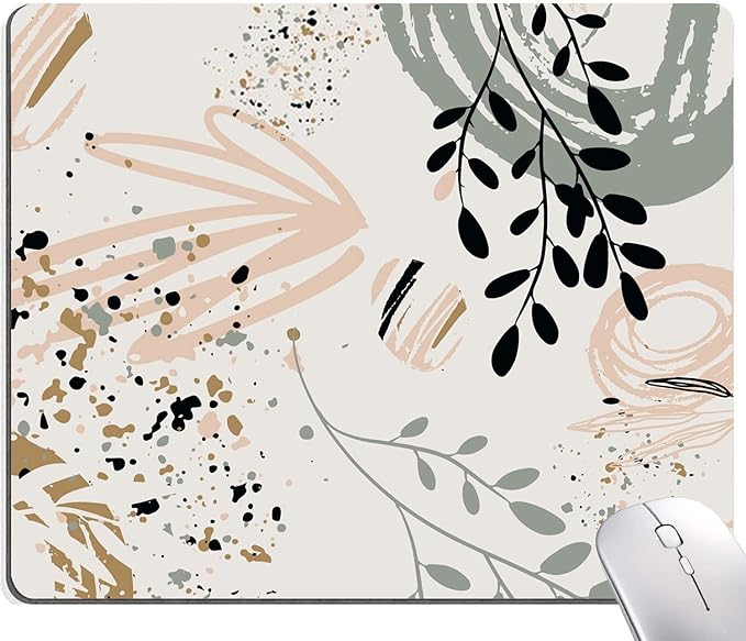 Mouse Pad with Abstract Art Design, Square Waterproof Non-Slip Rubber Base Mouse Mat for Office Laptop, Modern Boho Leaves