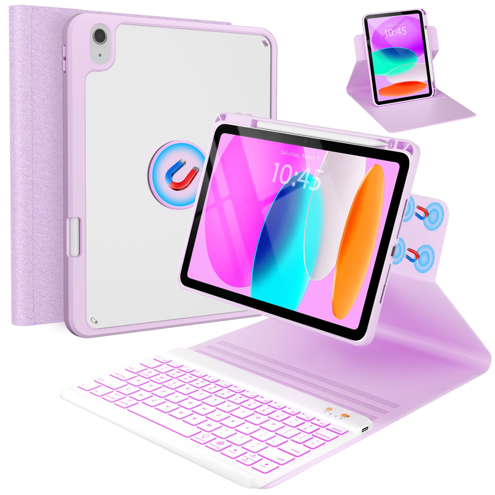 BLUTLOTUS Keyboard Case for iPad 11th Generation (A16) 10th Generation (2025/2022) - 360 Rotatable Magnetic Folio Cover, 7 Color Backlit Detachable Wireless Keyboard with Pencil Holder (Purple)