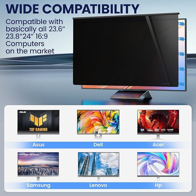 Magnetic 24 Inch Privacy Screen for Frameless Monitor 16:9 Aspect Ratio,Hanging Blue Light Screen Protector Eye Protection Anti-Spy Shield, 24in Removable Privacy Filter