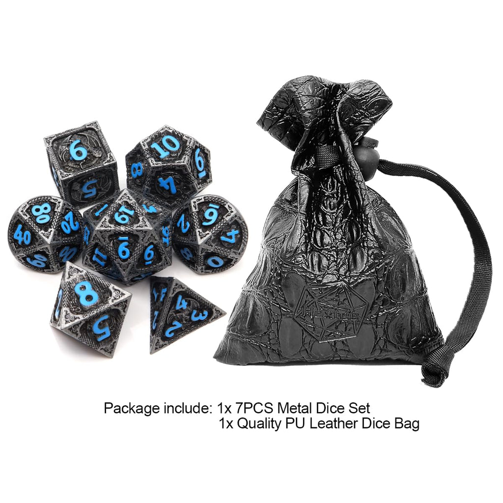 Haxtec Metal DND Dice Set Black Blue Dragon D&D Dice Set with Leather Dice Bag Metal Polyhedral Dice Compatible with Dungeons and Dragons Gifts TTRPG Dice