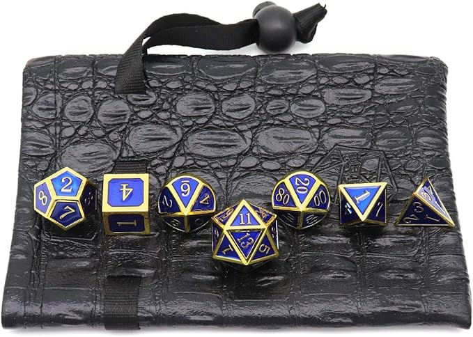 Haxtec Metal DND Dice Set 7 Die Gold Blue Metal D&D Dice Compatible with Dungeons and Dragons Games-Glossy Enamel Dice (Gold Blue)