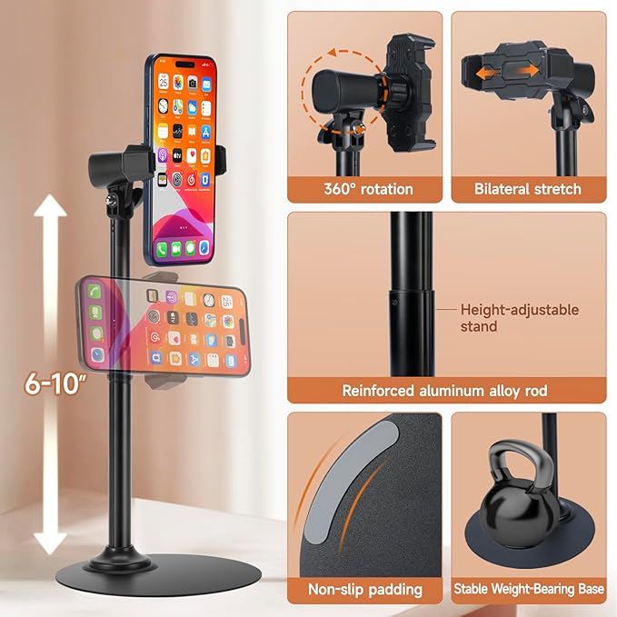 Adjustable Phone Stand for Desk with Clip Mount Live Streaming: 360° Rotatable Overhead Shot Holder with Sturdy Metal Base, Compatible with TikTok, YouTube, Zoom Video Recording (Black)