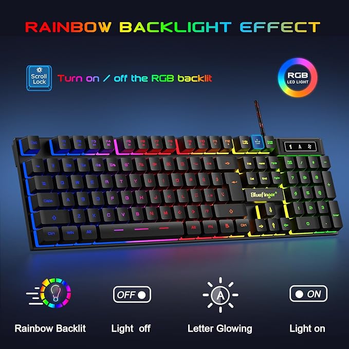 BlueFinger RGB Gaming Keyboard and Backlit Mouse and Headset Combo, USB Wired Backlit Keyboard, LED Gaming Mouse Set, Headset with Microphone for Laptop PC Computer Game and Work